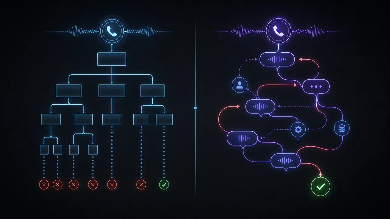 Diagrama comparando fluxo de URA tradicional e IA de voz conversacional