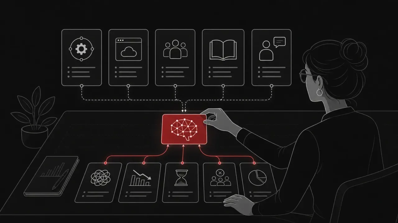 Mapa visual dos modelos de negócio com IA conectando serviços, software, agência, educação e consultoria a problemas de clientes