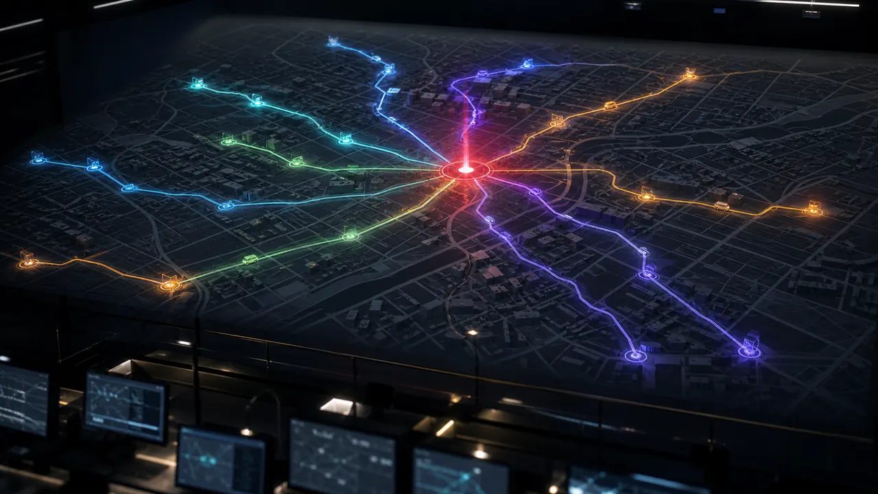 Mapa de rotas otimizadas por IA com pontos de entrega e rastreamento em tempo real