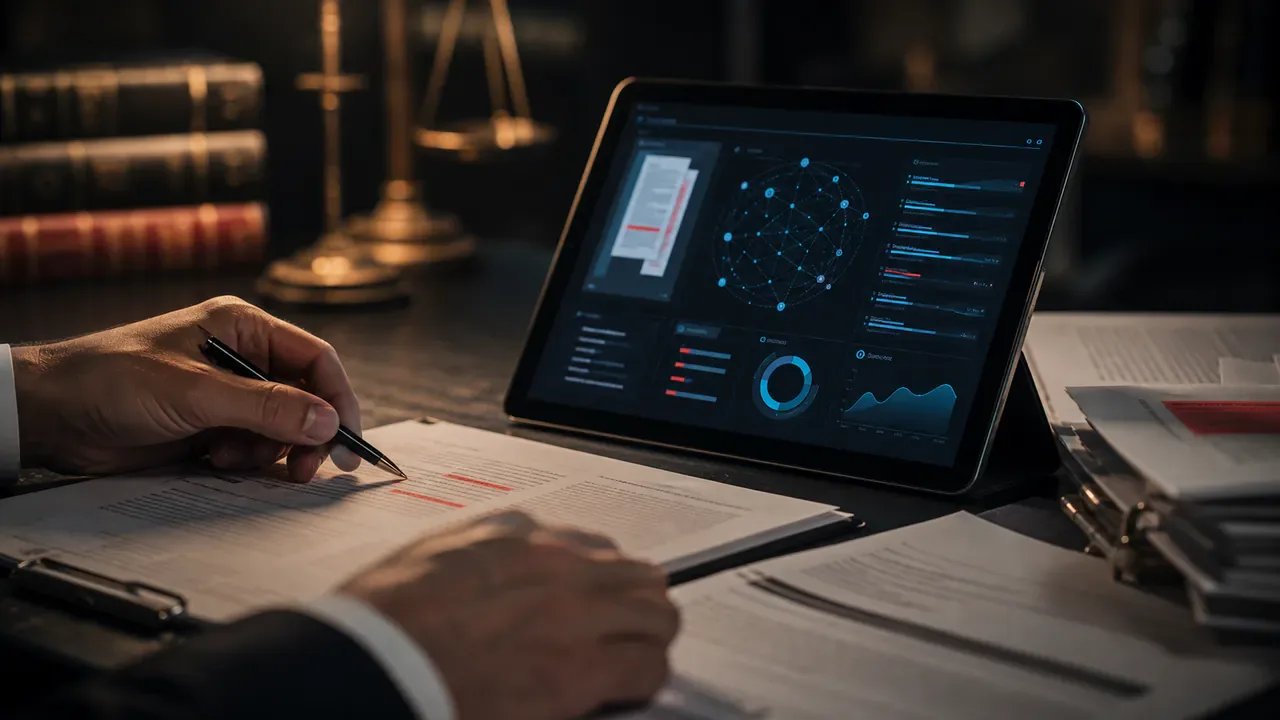 Advogado analisando documentos jurídicos com suporte de ferramenta de inteligência artificial