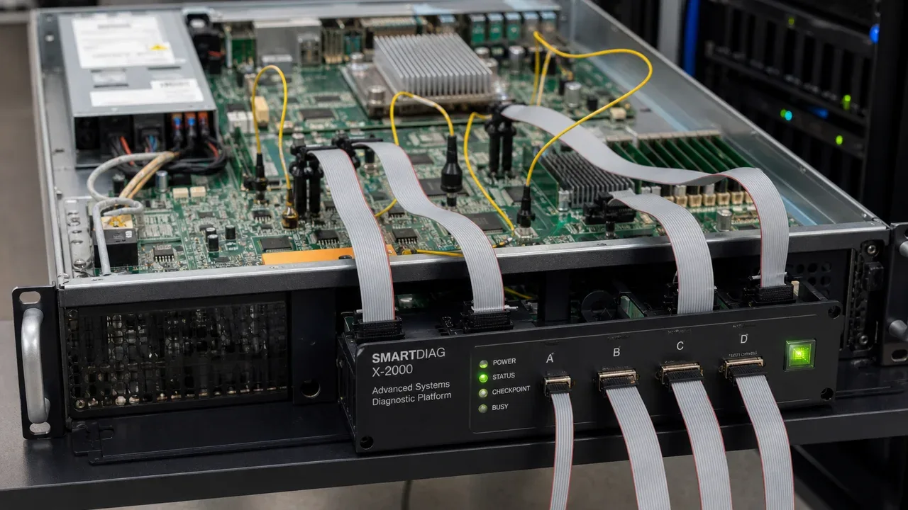 Corredor de datacenter com rack trancado e leitor de credencial aceso ao lado da porta