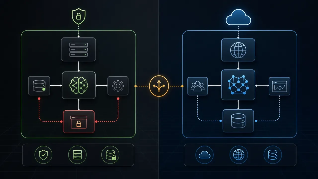 Diagrama comparando arquitetura IA self-hosted versus API de nuvem