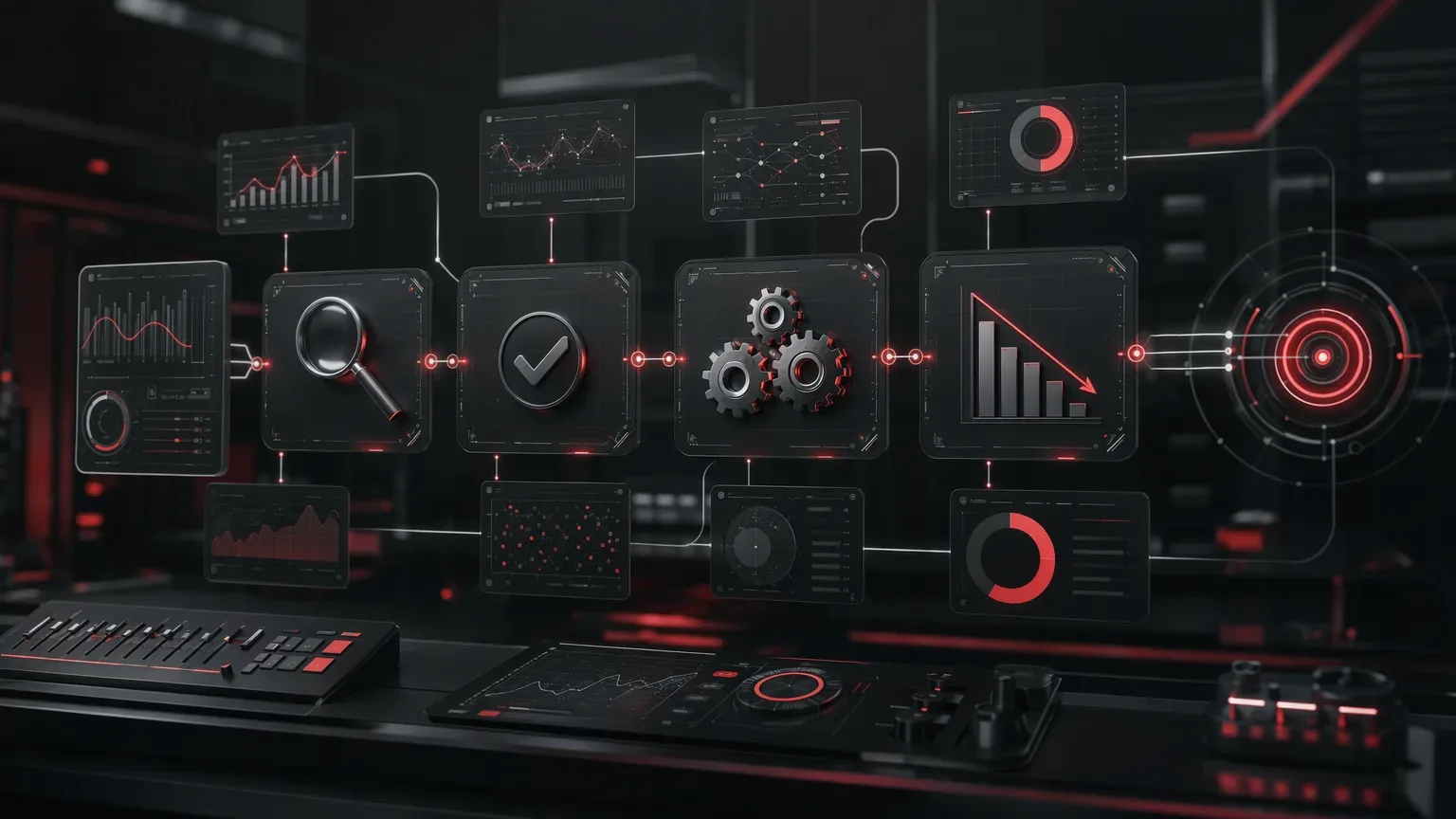 Fluxo visual de controle com métricas, checagem e redução de erro operacional