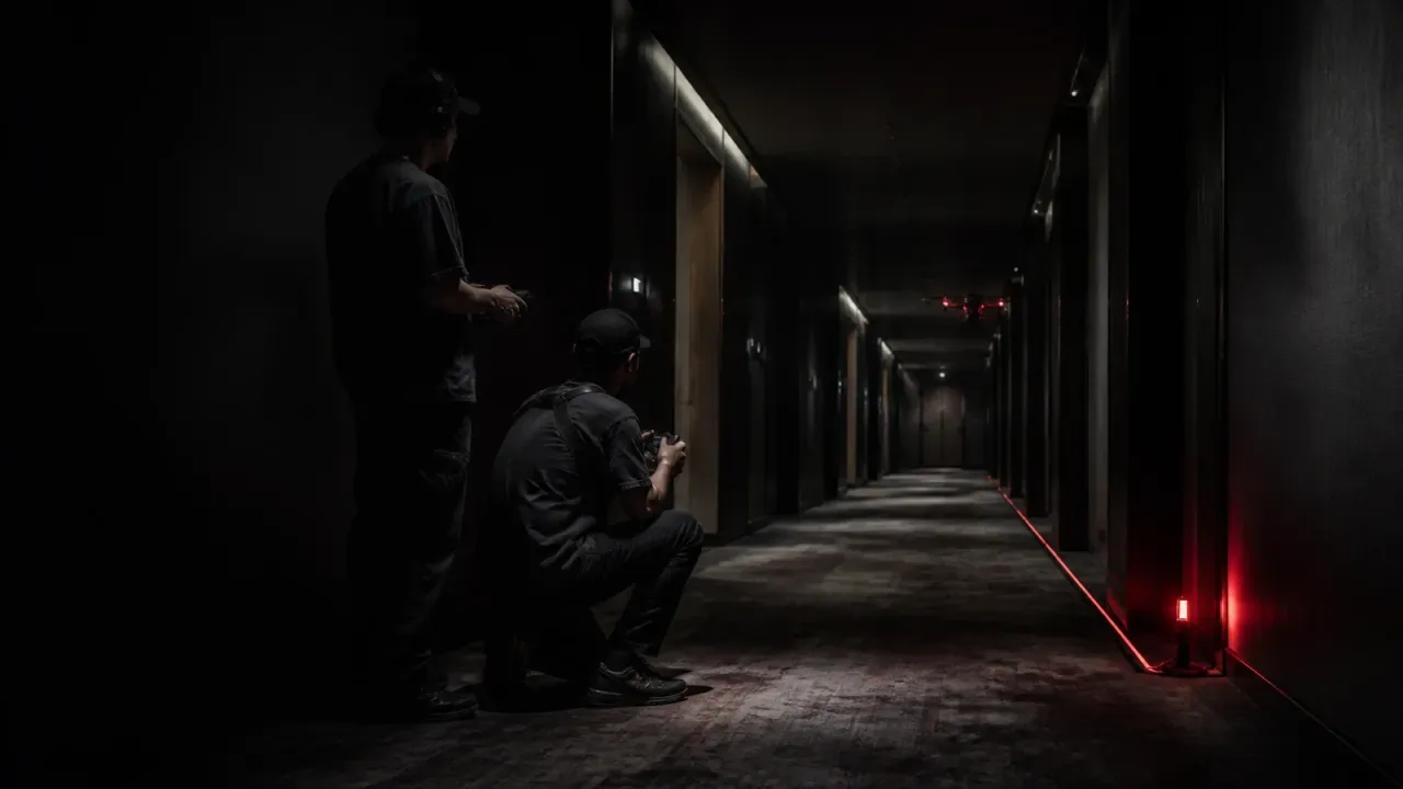 Operador e observador ensaiando percurso de cinewhoop em corredor, com ponto de abortar sinalizado
