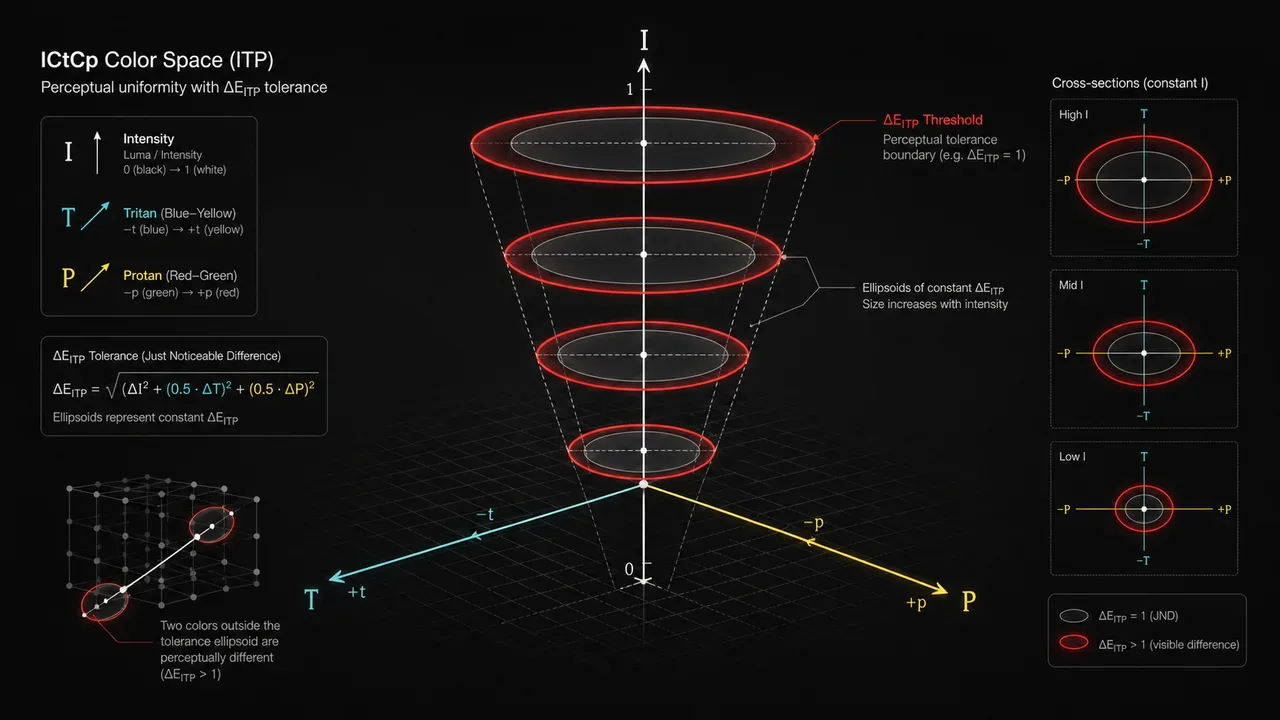Diagrama técnico tridimensional do espaço de cor ICtCp com eixos vetoriais de intensidade e elipses de tolerância cromática em fundo grafite com anel carmim