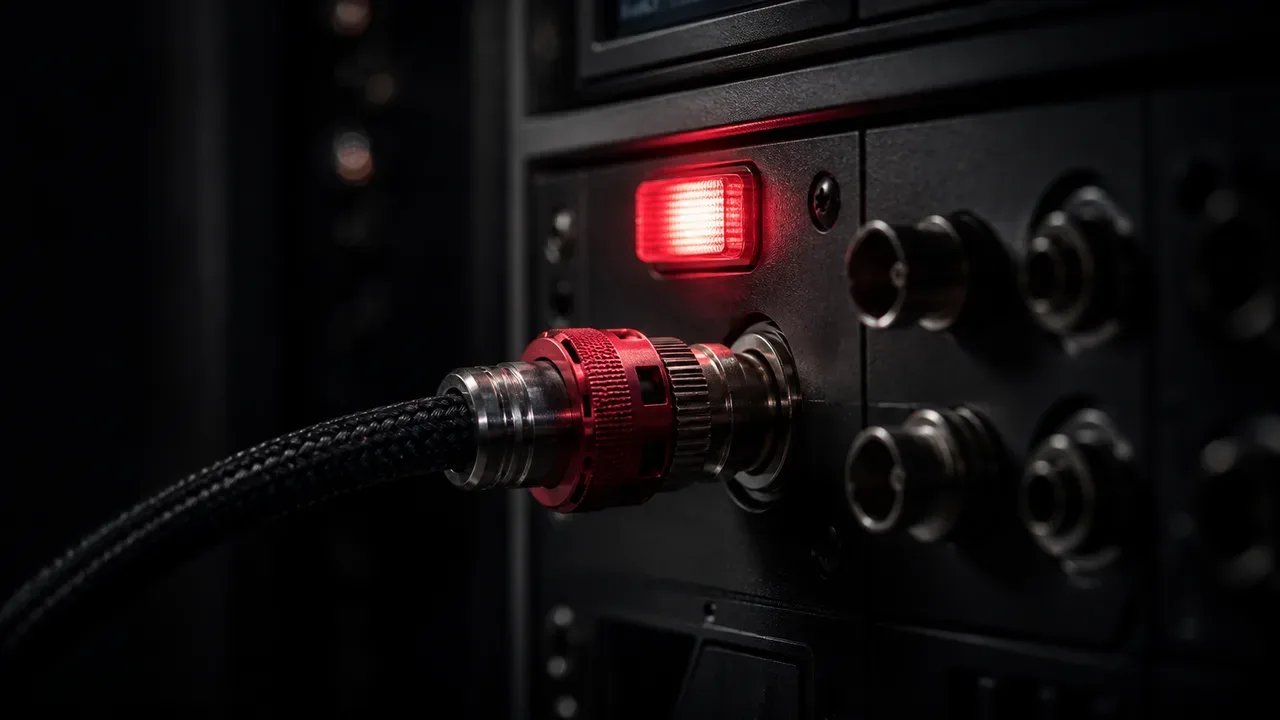 Analisador de sinal de vídeo broadcast montado em rack escuro com cabo SDI travado por luva carmim e LED de status em foco