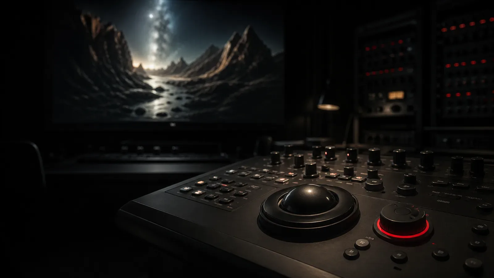 Suíte de masterização e gradação de cor HDR de cinema com console de controle e mostrador rotativo com anel carmim