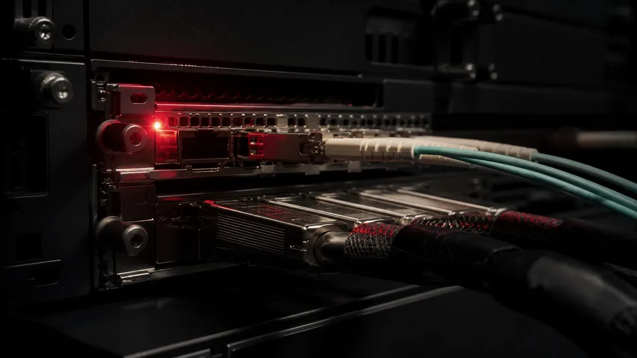 Cluster de servidores corporativos de alta disponibilidade com transceptores ópticos e LED indicador de diagnóstico em rack escuro