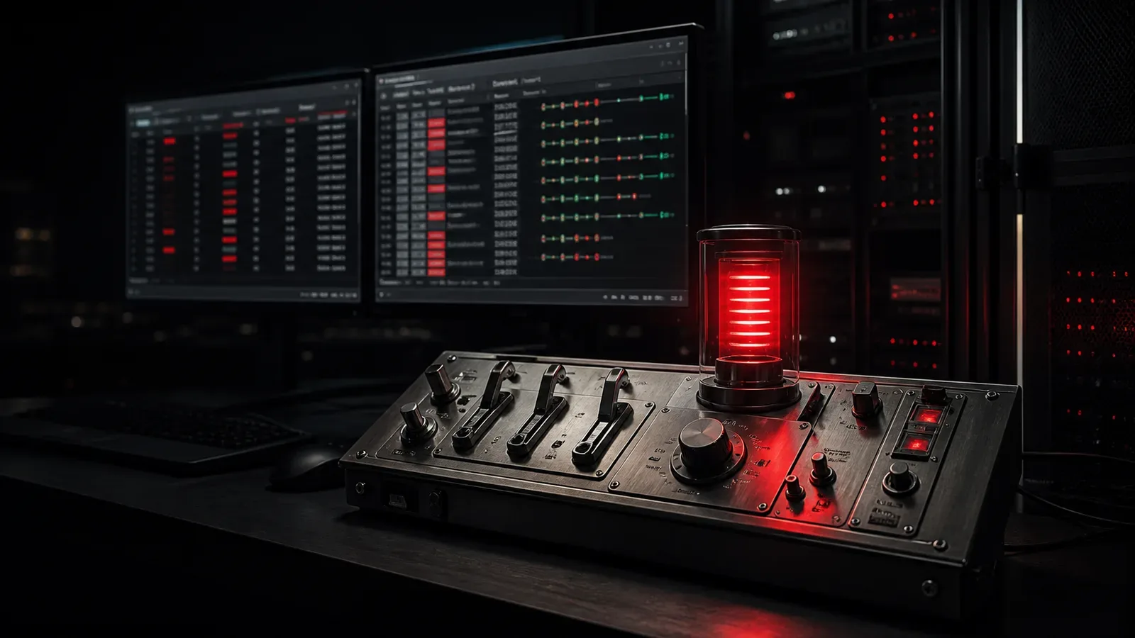 Console de verificação de transações industriais em bancada de aço escovado com sinalizador luminoso carmim em sala de servidores escura