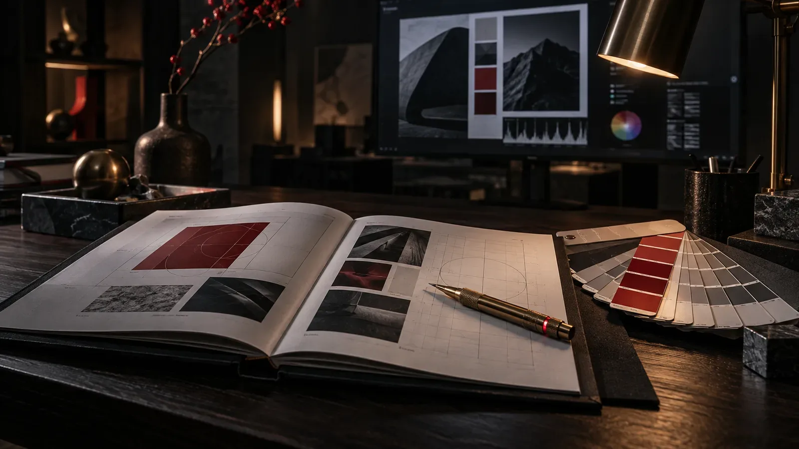 Manual de identidade visual corporativo aberto sobre bancada técnica escura sob iluminação chiaroscuro