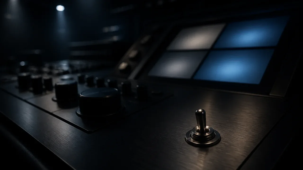Console físico de comando de leilões com interface anodizada e botão seletor carmim