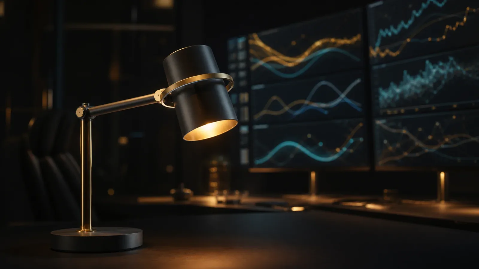 Bancada quantitativa de inteligência de mídia com monitores exibindo distribuições causais e luminária com detalhe carmim