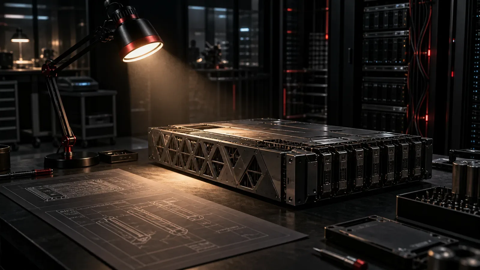 Laboratório de engenharia de banco de dados com bancada escura e luminária industrial em primeiro plano