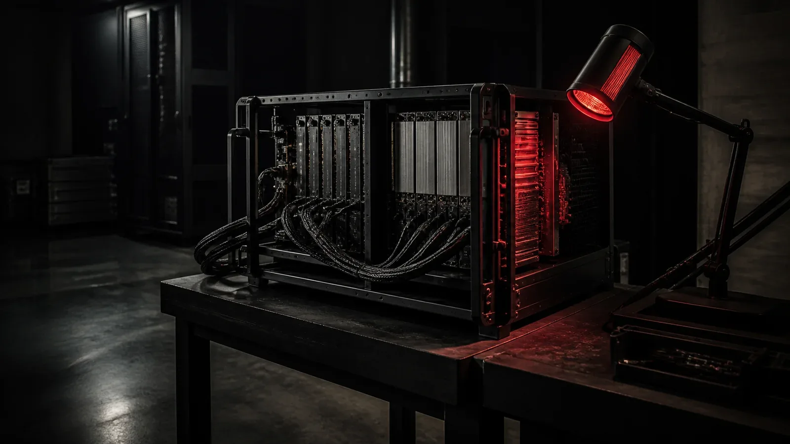 Bancada de datacenter e cluster de inferência em sala escura com aceleradores neurais e cabos de fibra ótica conectados