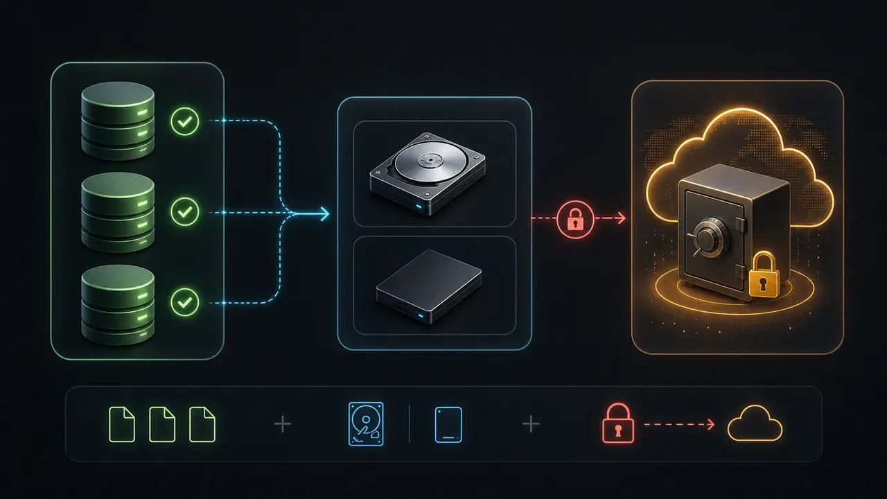 Diagrama de estratégia de backup 3-2-1 com cópia offsite criptografada para infraestrutura própria