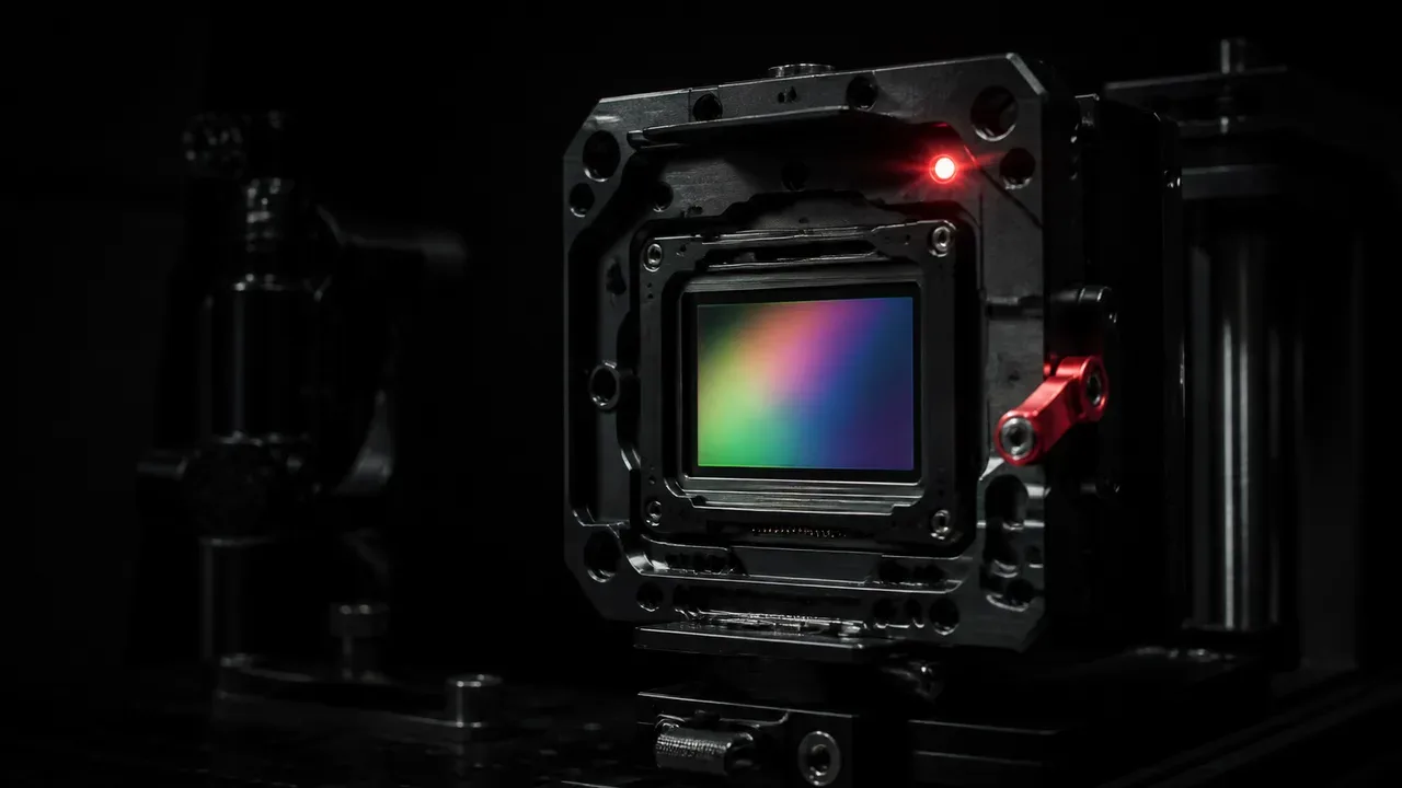 Monitor de laboratório óptico industrial exibindo curvas de MTF ao lado de bloco sensor de cinema aberto com filtro OLPF iluminado