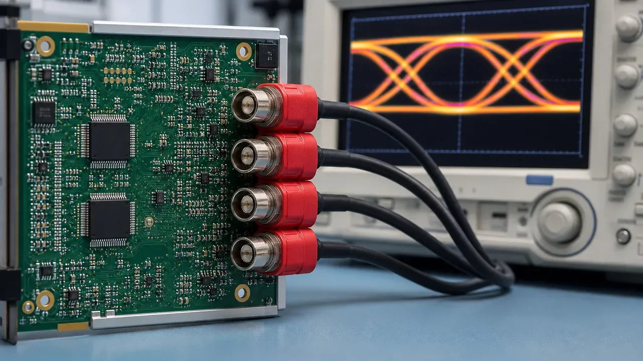 Diagrama de circuito impresso com transceptor serial 12G-SDI, conector BNC de 75 ohms com anel protetor carmim e osciloscópio exibindo diagrama de olho