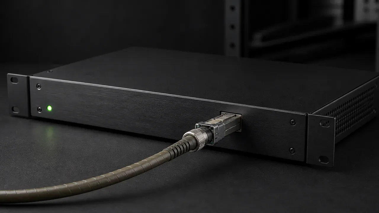 Módulo transceptor SFP+ de fibra óptica monomodo acoplado a painel de distribuição em rack com cabo óptico blindado e LED indicador