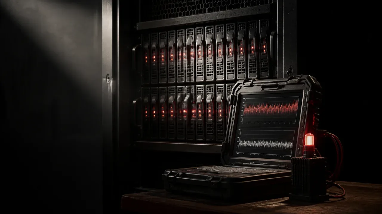 Servidor de armazenamento NVMe de alta densidade em rack de datacenter com console de telemetria e indicador luminoso ativo