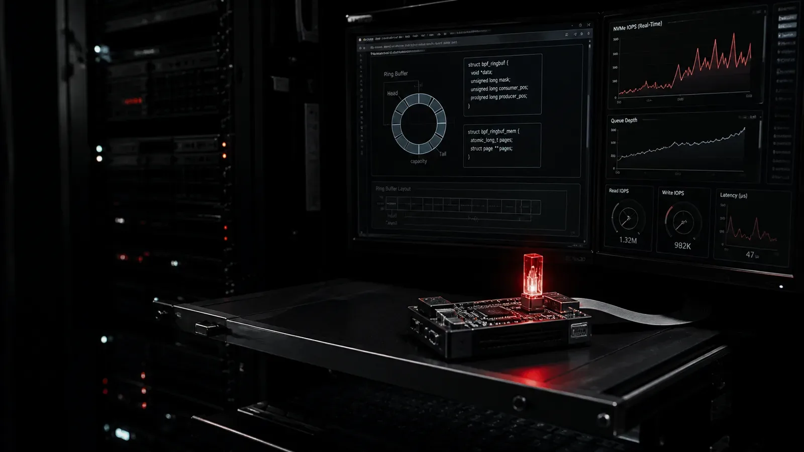 Console de engenharia de sistemas Linux com métricas de ring buffer do kernel e indicador LED em console de servidor