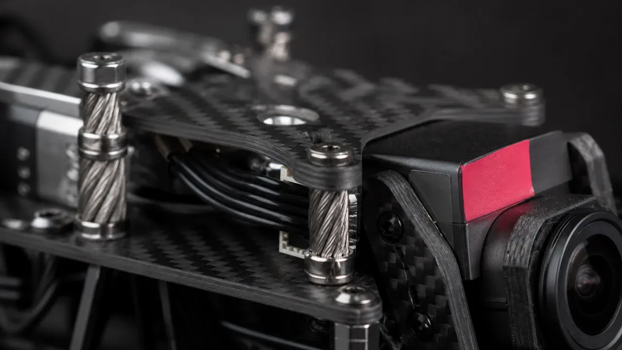 Close-up de montagem com isoladores helicoidais Wire Rope em chassi de carbono com cabo flexível iluminado por luz carmim