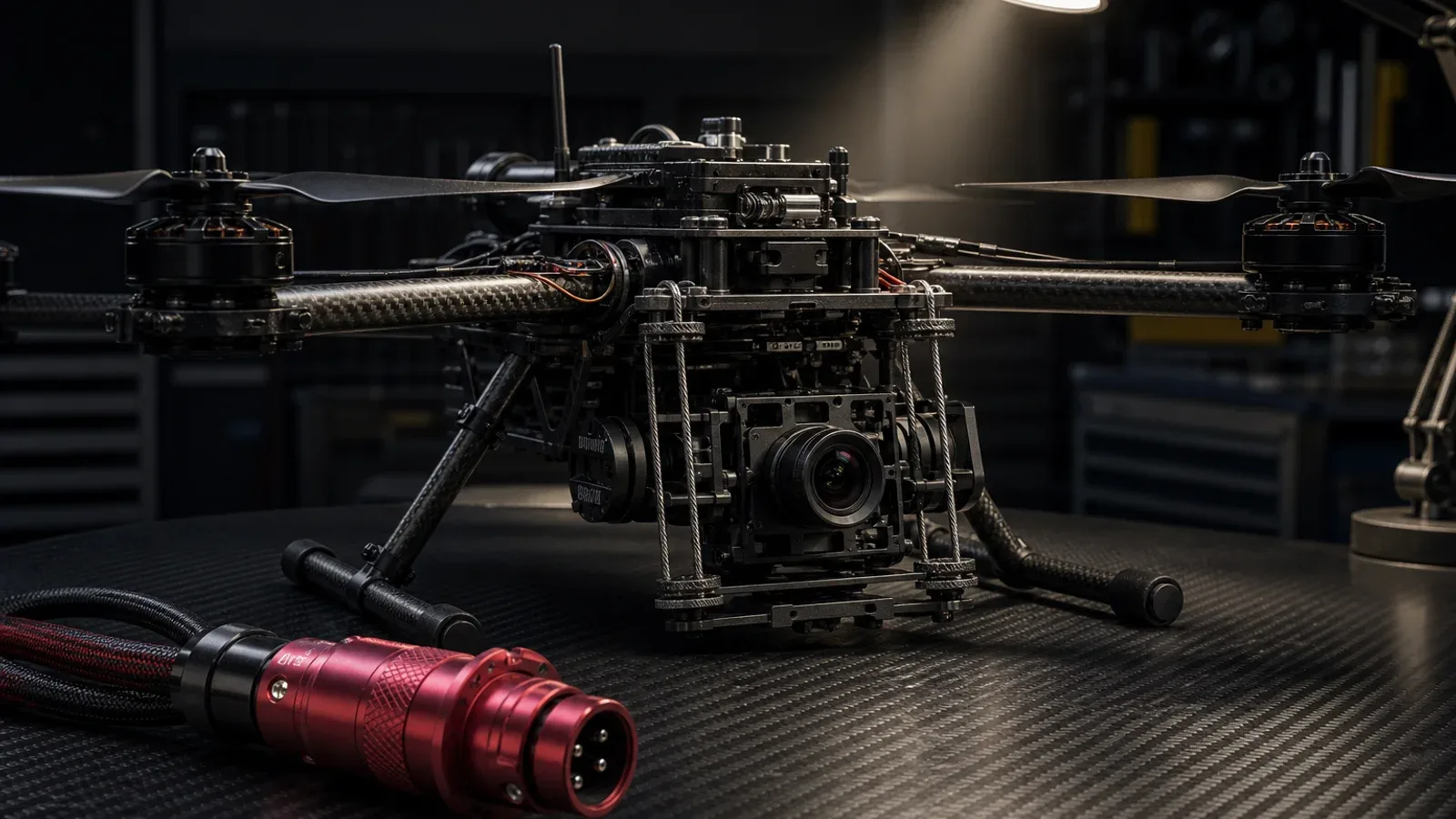 Drone Cinelifter FPV coaxial em bancada técnica com isoladores Wire Rope e conector blindado carmim
