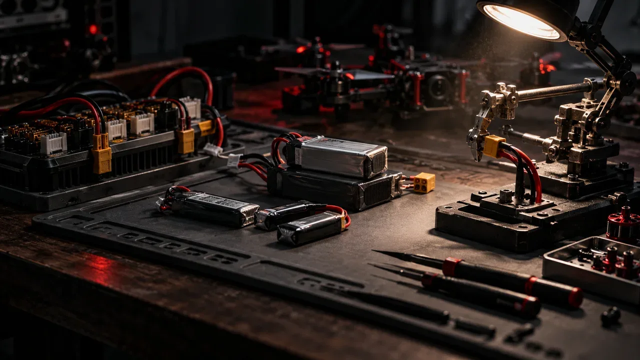 Oficina de eletrônica com estação de solda e baterias LiPo organizadas sobre base de isolamento térmico