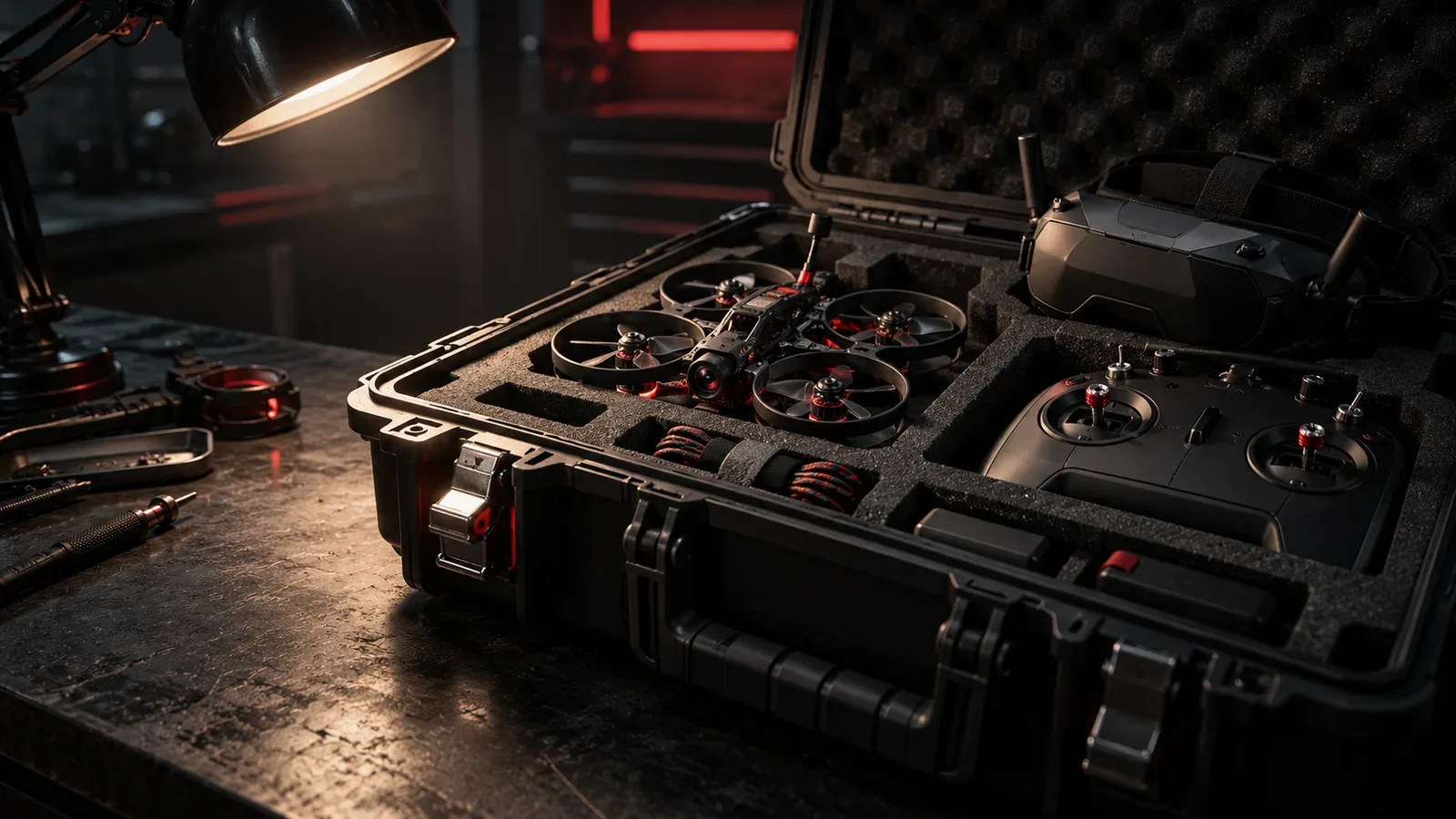 Bancada técnica escura de engenharia com kit completo de drone FPV pronto para voar dentro de maleta rígida