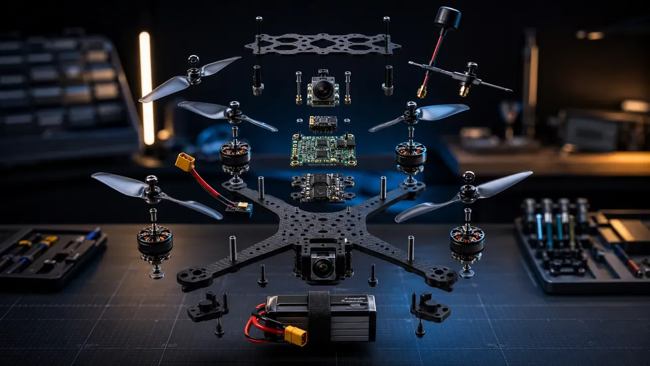 Vista explodida dos componentes de um drone FPV sobre bancada de montagem