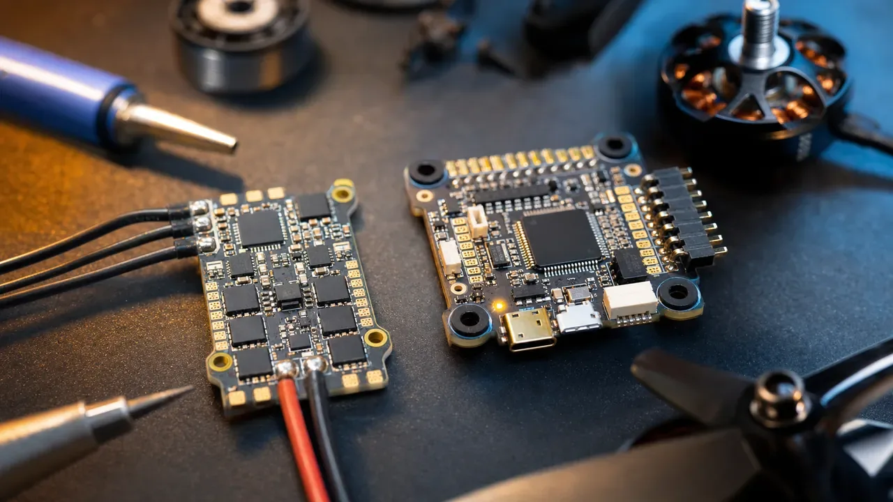 ESC de 4 em 1 e controladora de voo FC lado a lado em bancada de montagem FPV