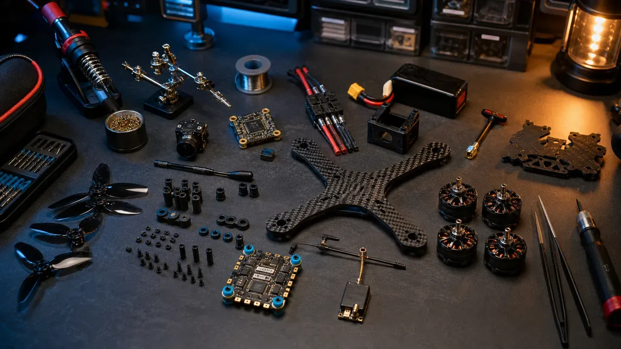 Conjunto completo de peças FPV organizadas sobre bancada para montagem de drone 5 polegadas