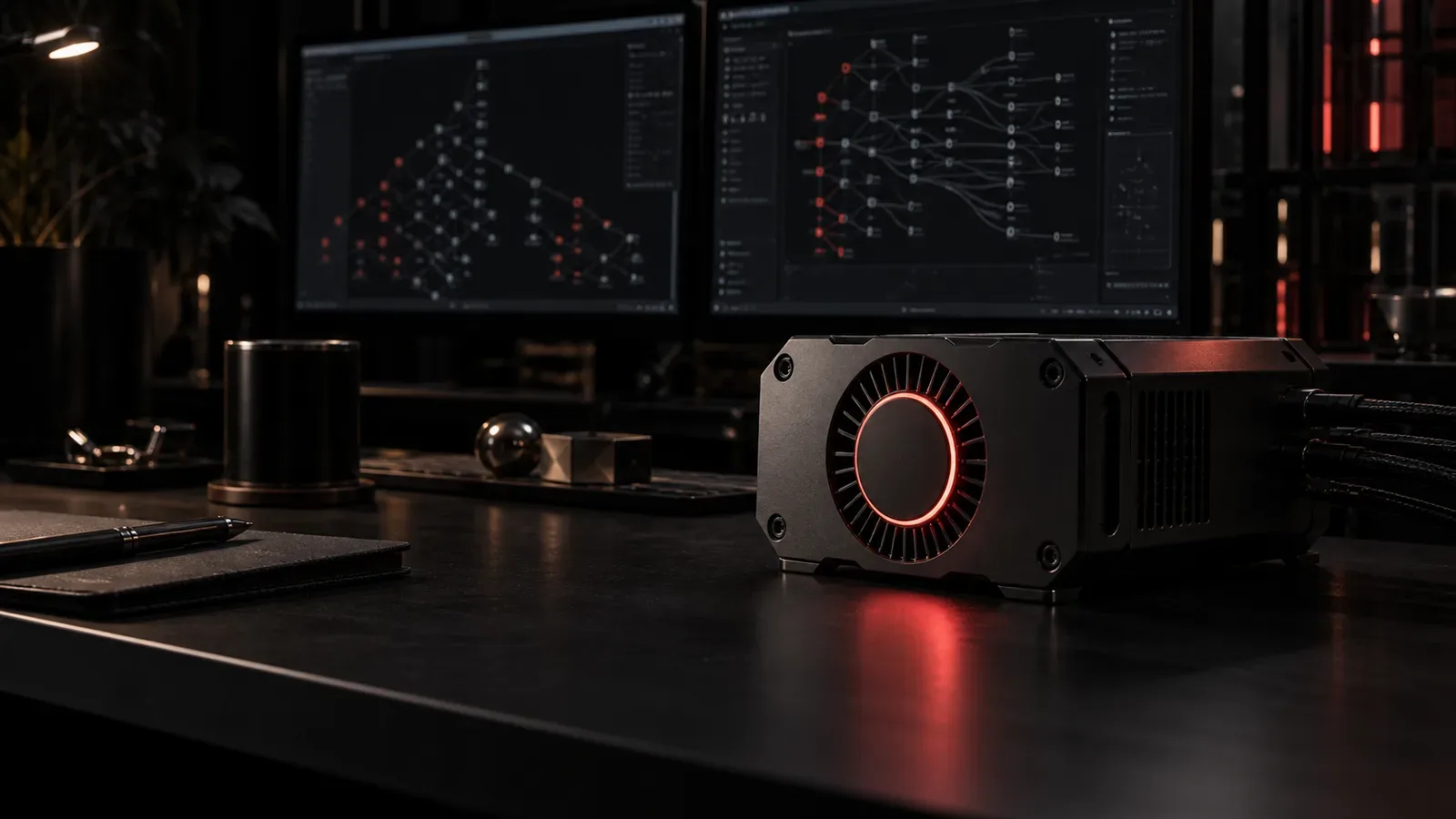 Bancada modular de engenharia de compiladores com interface escura e unidade de roteamento em primeiro plano