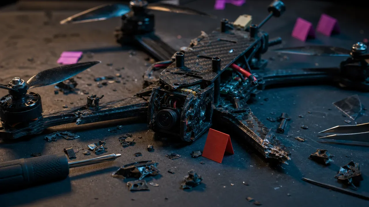 Drone após crash com estrutura quebrada e eletrônica exposta para laudo técnico
