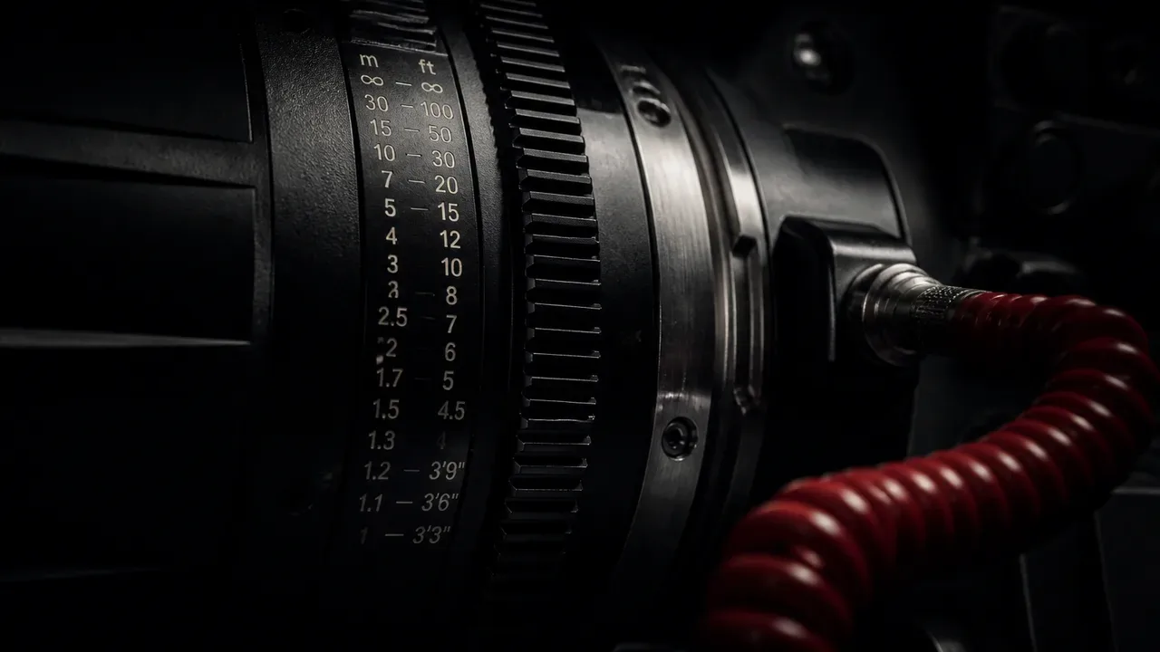 Operador de câmera e primeiro assistente de foco configurando follow focus sem fio em lente de cinema durante produção em estúdio