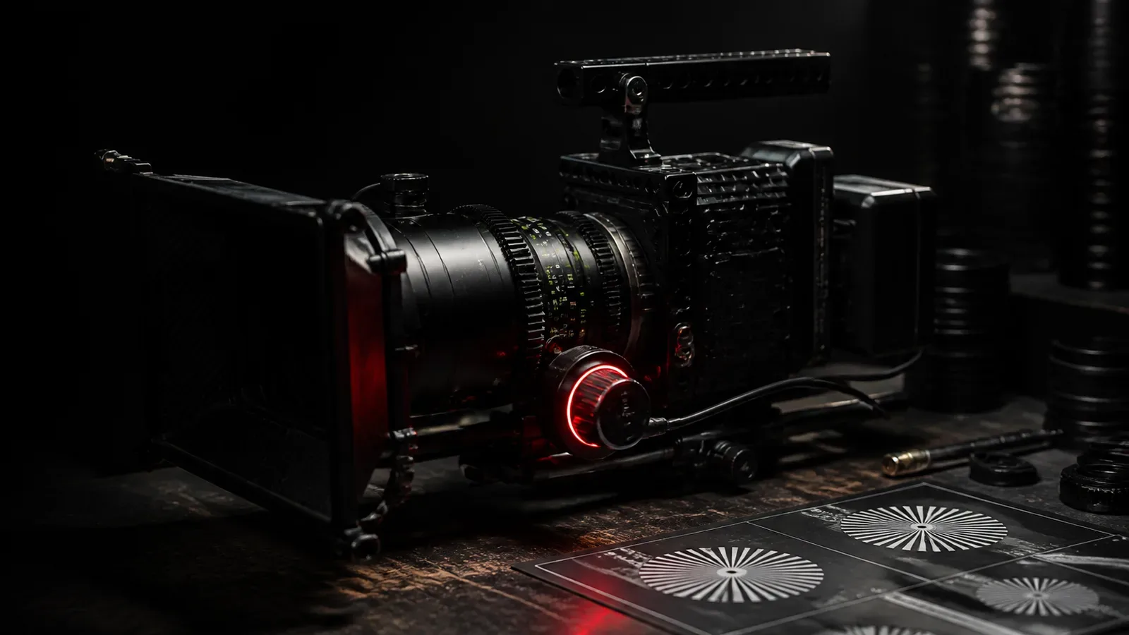 Bancada óptica profissional de calibração com lente de cinema anamórfica montada em colimador e gráfico de foco retroiluminado