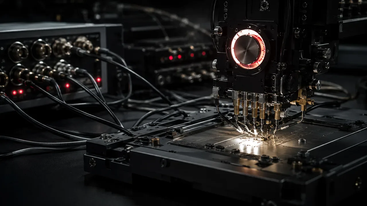 Bancada técnica de medição e integridade de sinal com analisador coaxial e indicador circular de status luminoso em primeiro plano