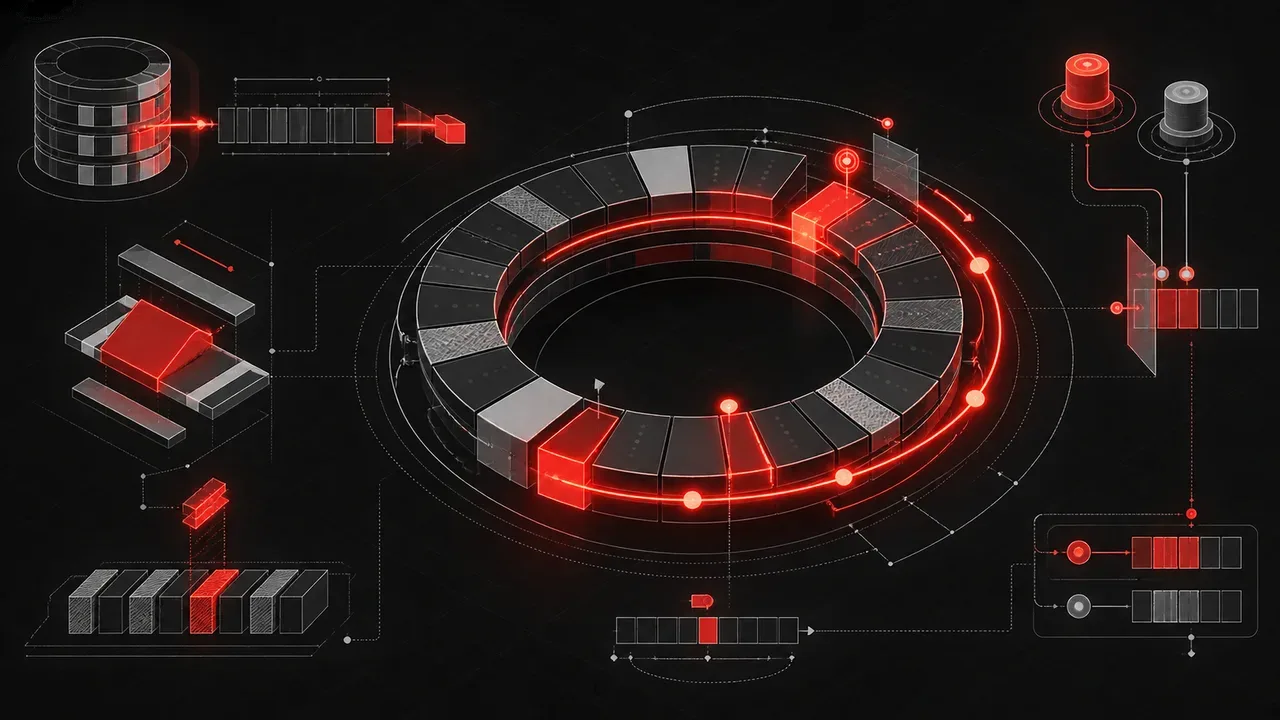Diagrama esquemático de arquitetura de anel circular contíguo com slots potências de dois e barreira de sequência iluminada