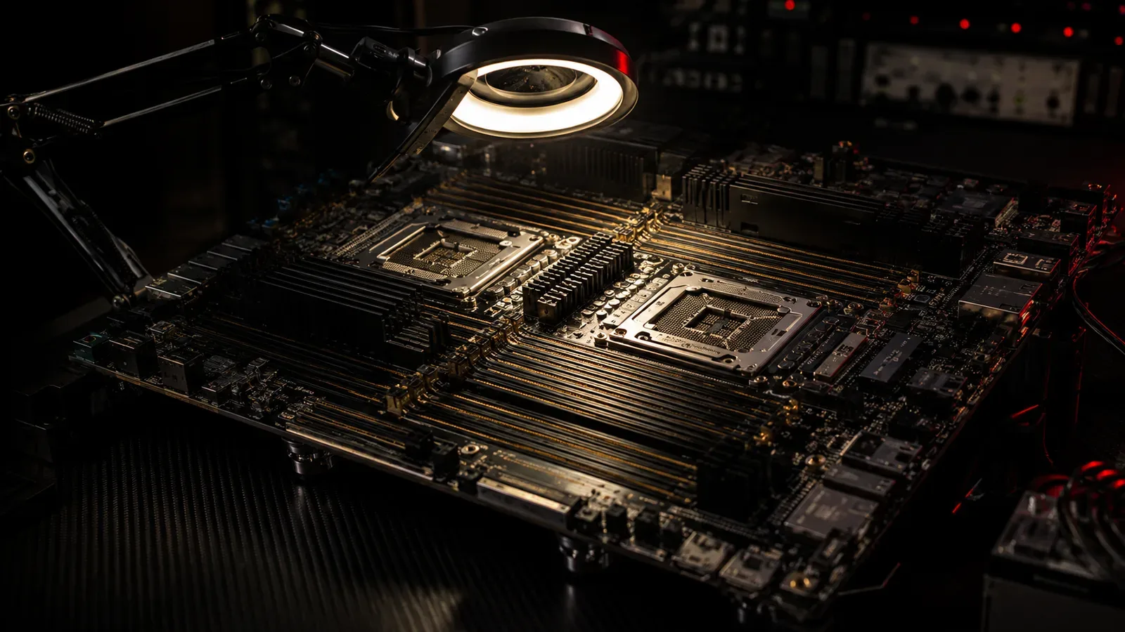 Bancada de validação de hardware de servidor de alta frequência em laboratório sob iluminação chiaroscuro com soquete de processador e luminária articulada em foco