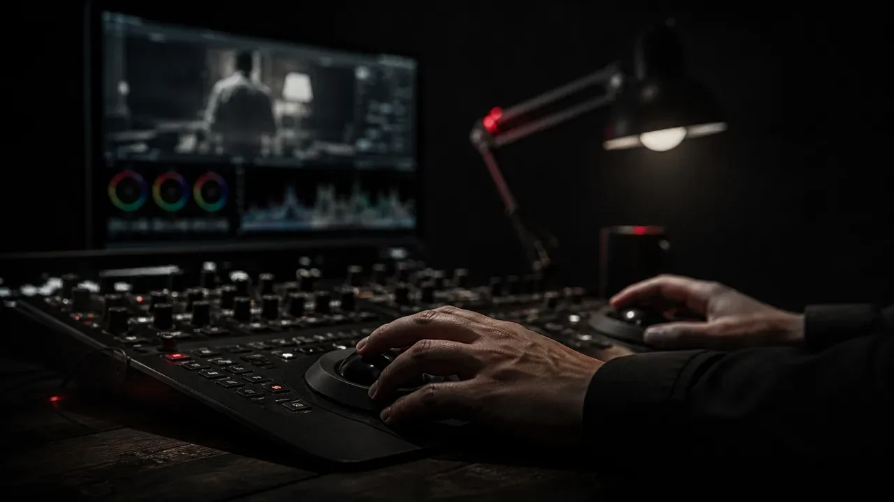 Colorista operando o trackball de um painel de controle de correção de cor, com monitor de referência exibindo color wheels e waveform