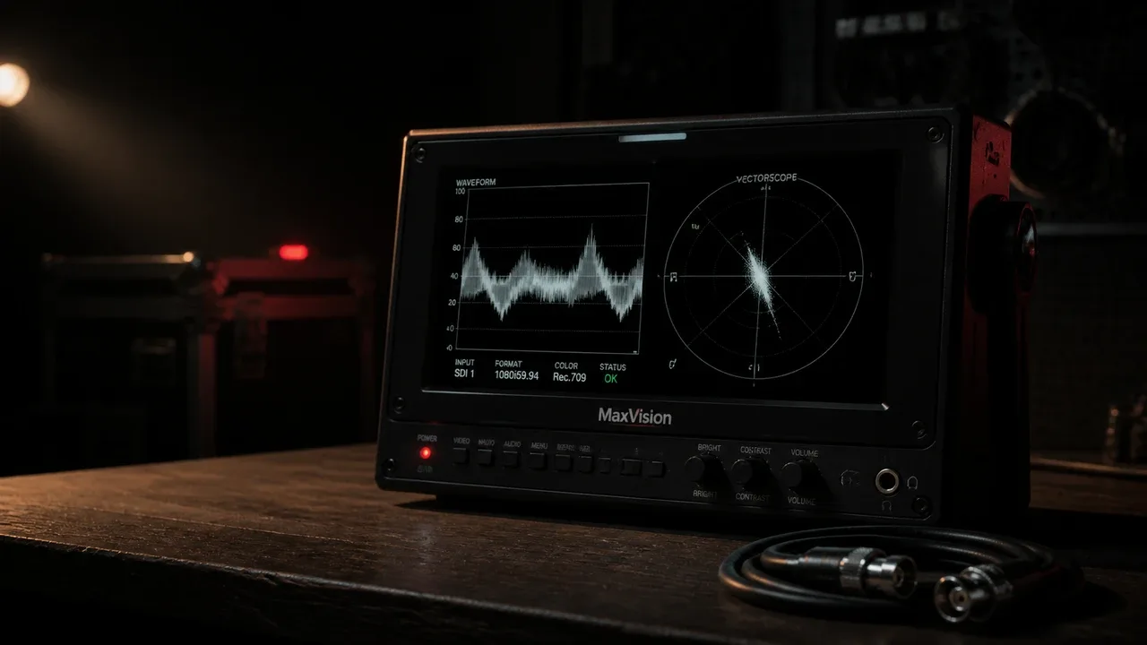 Monitor de referência de broadcast exibindo waveform e vetorscópio, com indicador de energia aceso e cabo SDI enrolado sobre a bancada