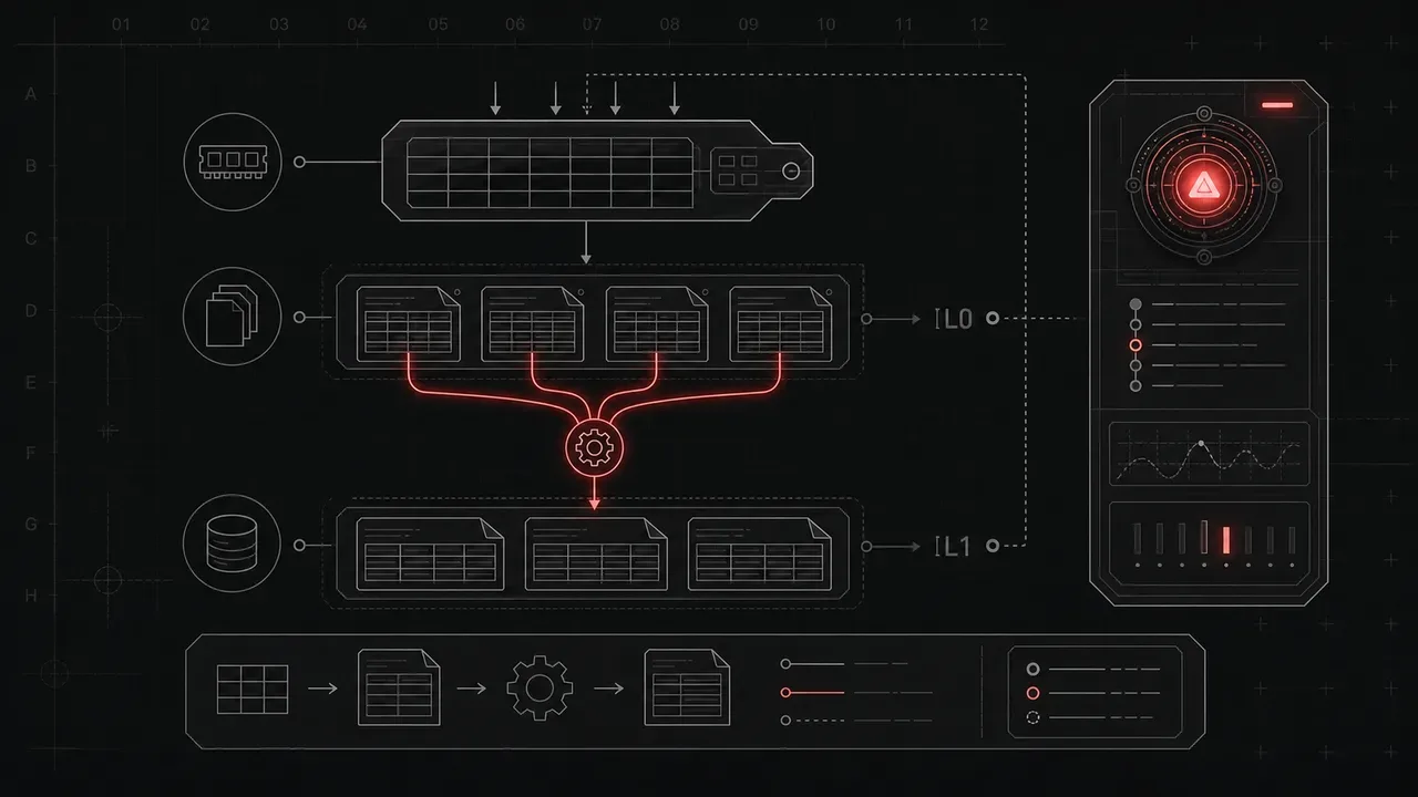 Diagrama técnico da arquitetura LSM-Tree com Memtable em RAM e níveis de compactação SSTable