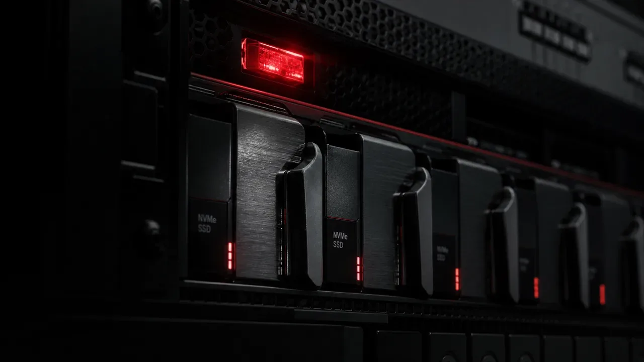 Módulos de armazenamento de dados NVMe enterprise em rack com indicadores de telemetria