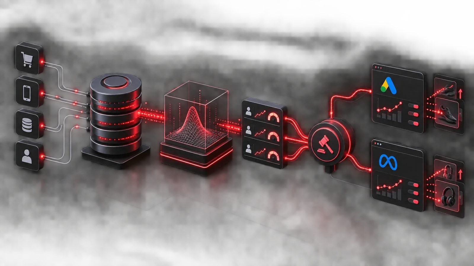 Diagrama esquemático de arquitetura de dados integrando Data Warehouse, modelos BG/NBD e injeção de lances no Google Ads e Meta CAPI com nós carmim luminosos