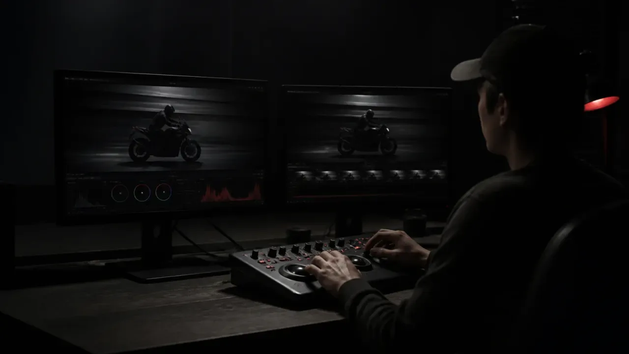 Colorista trabalha diante de monitores de referência HDR e painel de controle