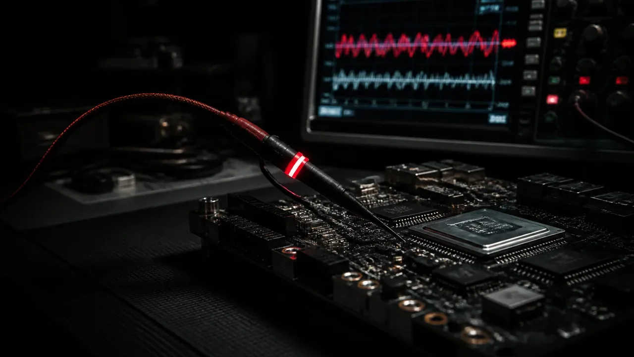Bancada de testes em laboratório escuro com osciloscópio digital monitorando barramento de acelerador neural com ponteira de teste em acento carmim