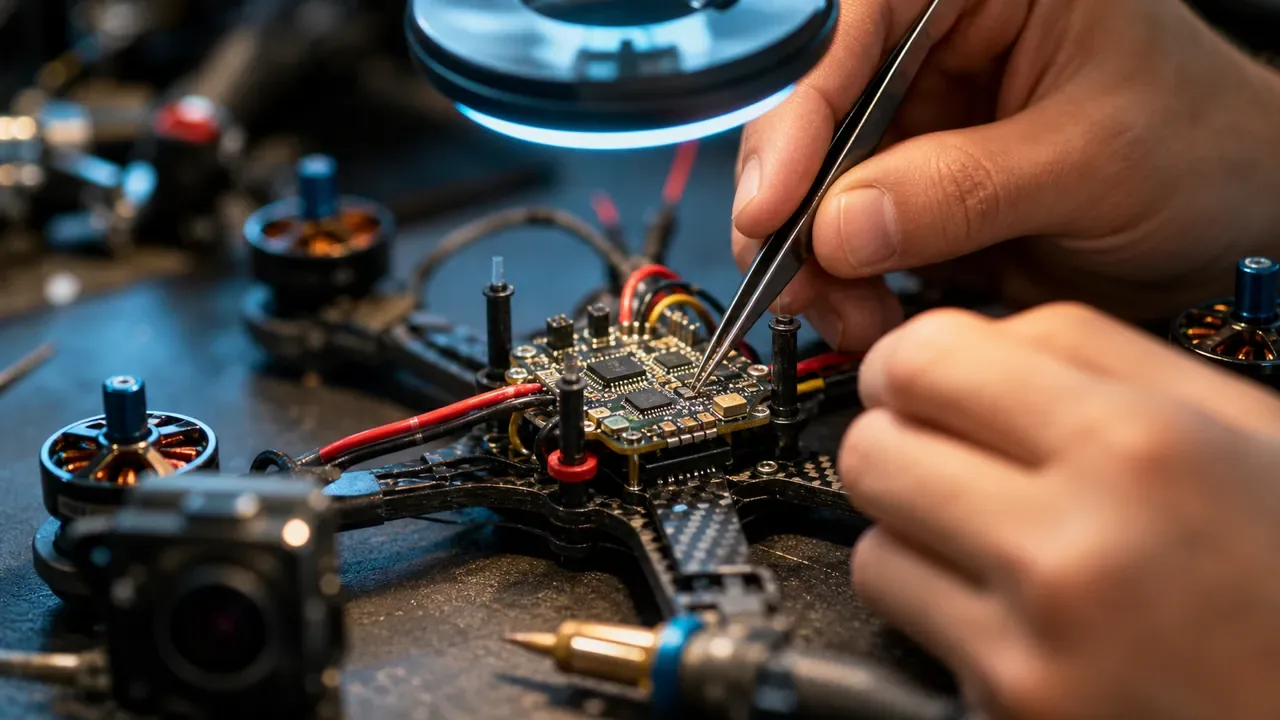 Técnico inspecionando componentes internos de um drone FPV em bancada de manutenção