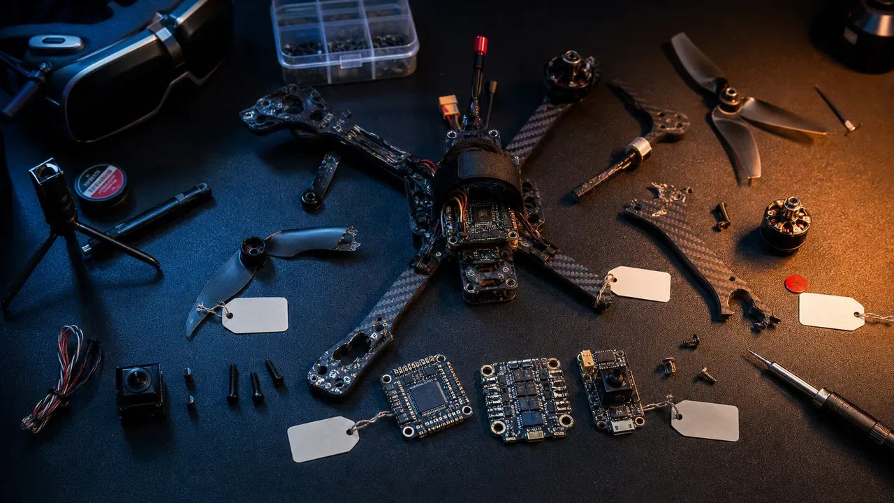 Laudo técnico de autópsia de crash com componentes de drone FPV separados para inspeção