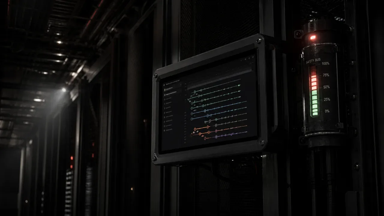 Terminal de diagnostico industrial em corredor de datacenter exibindo rastreamento distribuido de spans OpenTelemetry