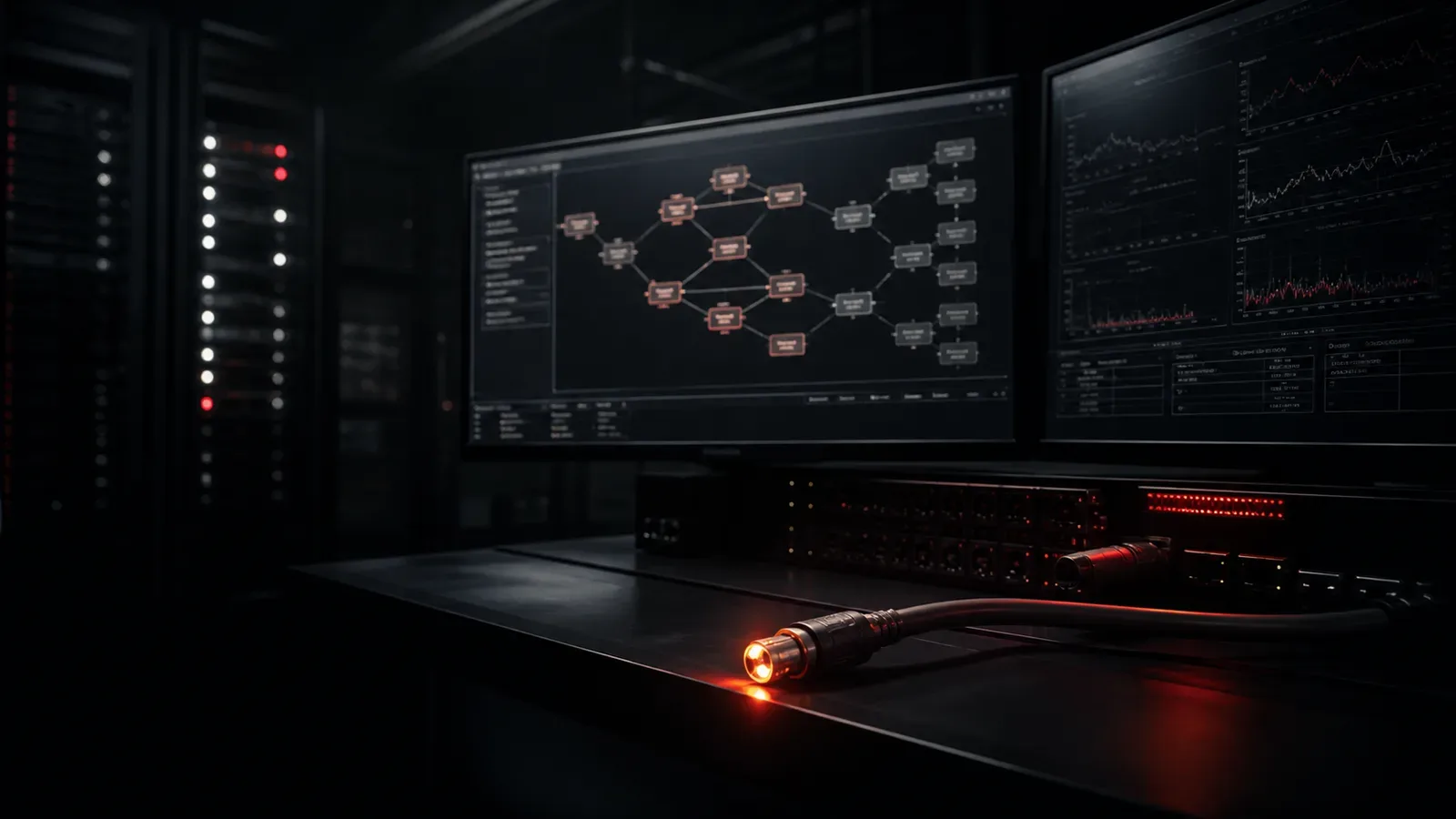 Sala de controle de servidores empresariais com monitores de topologias de grafos de estados e cabo de conexão iluminado no console
