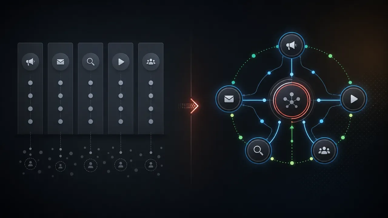 Diagrama comparando operação em silos e operação orquestrada de canais de marketing